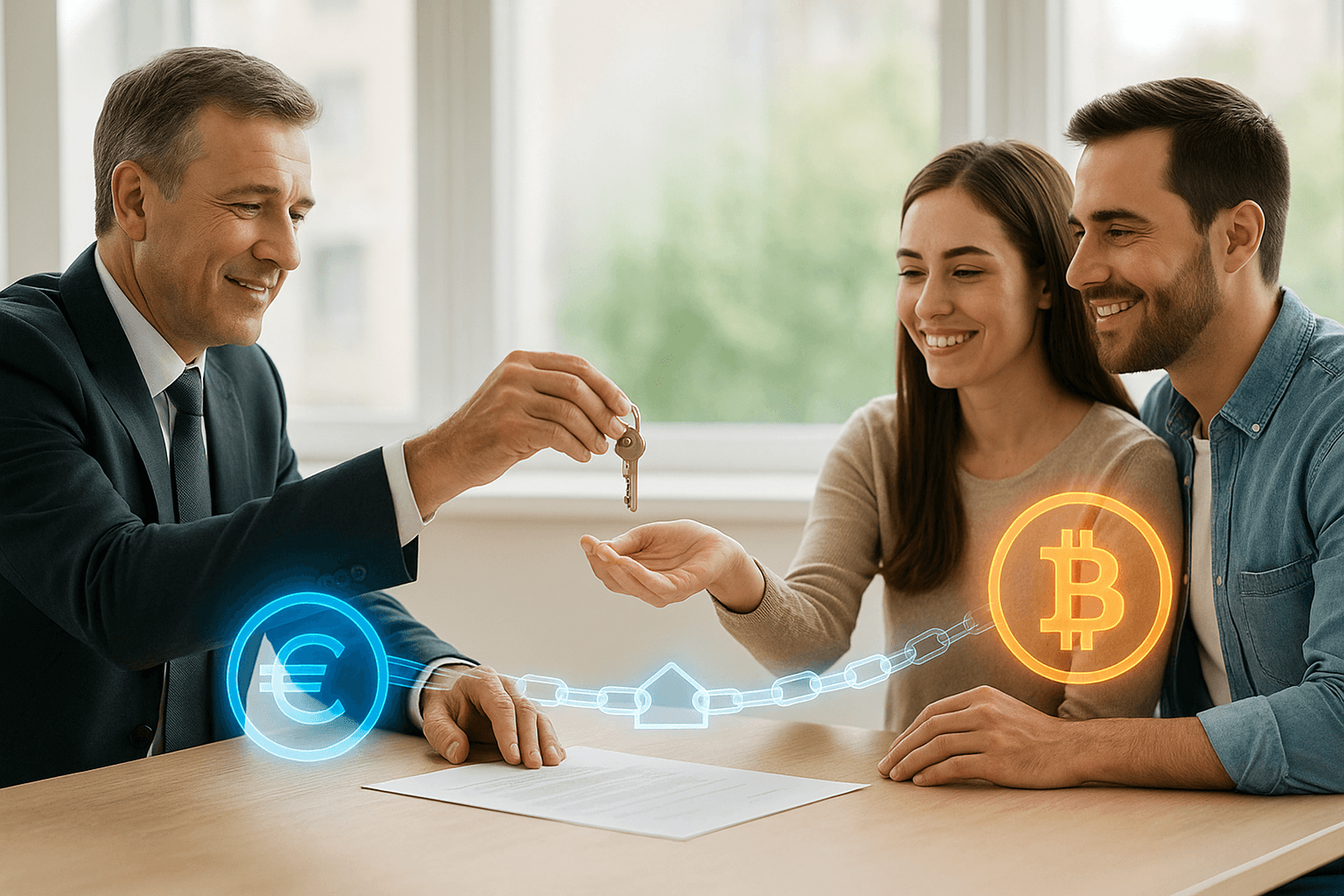 A couple buying real estate in crypto with notary directly receiving founds in euro