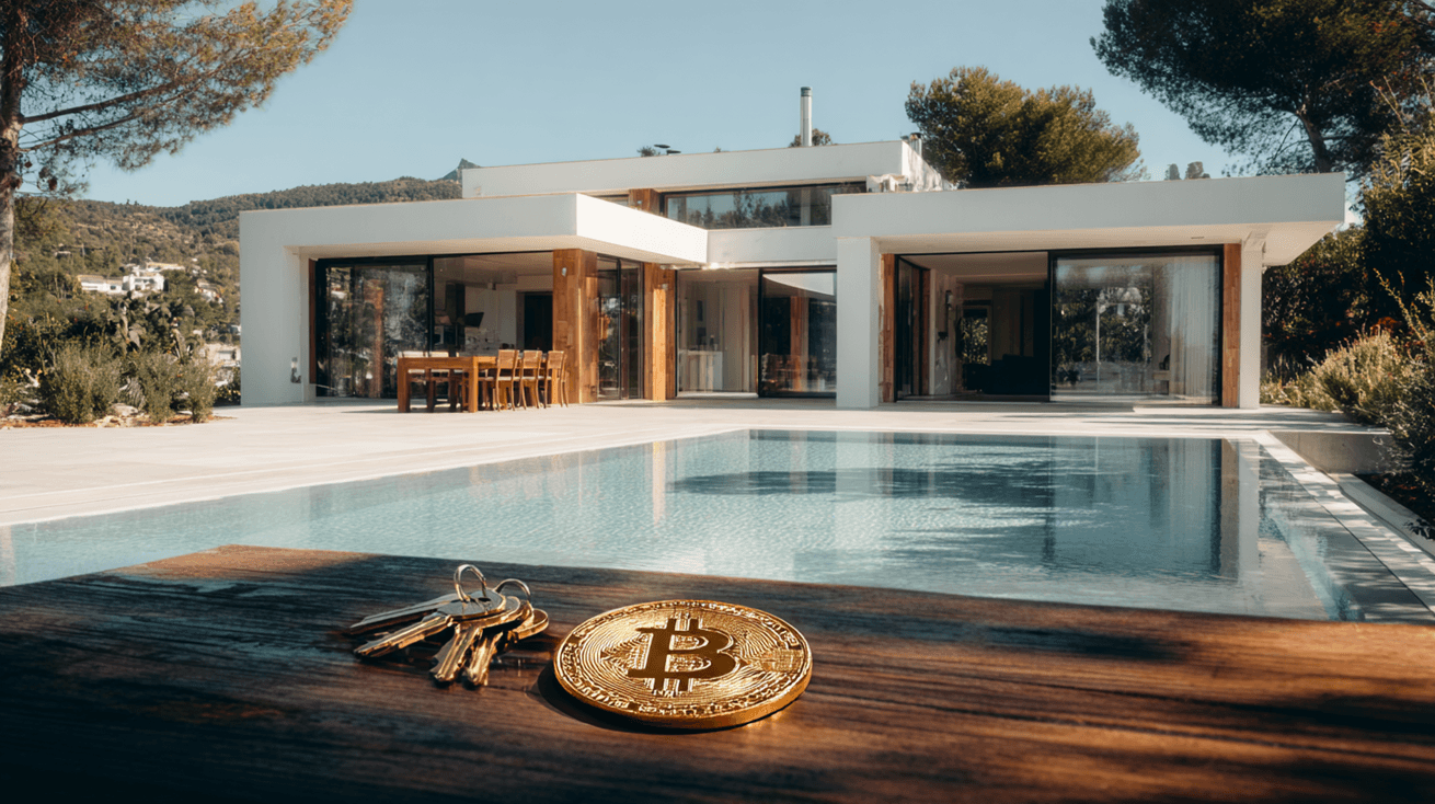 Image representing buying real estate through crypto by showing a bunch of keys, a beautiful mansion with swimming pool  and a golden bitcoin coin