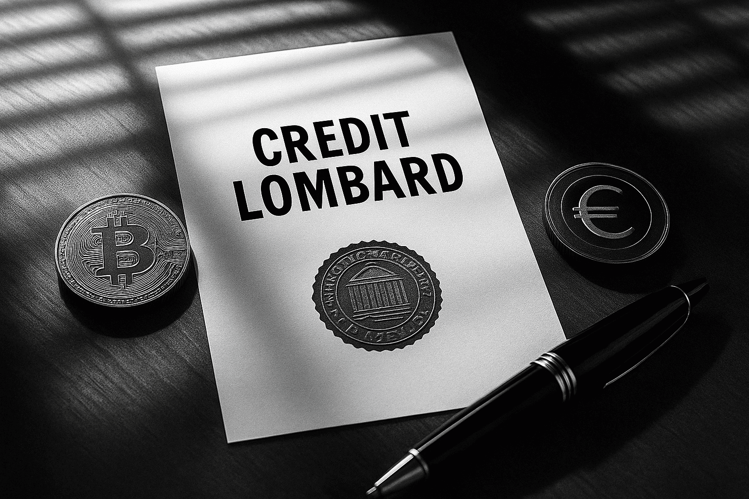 Document de contrat de crédit lombard avec symboles du Bitcoin et de l’euro