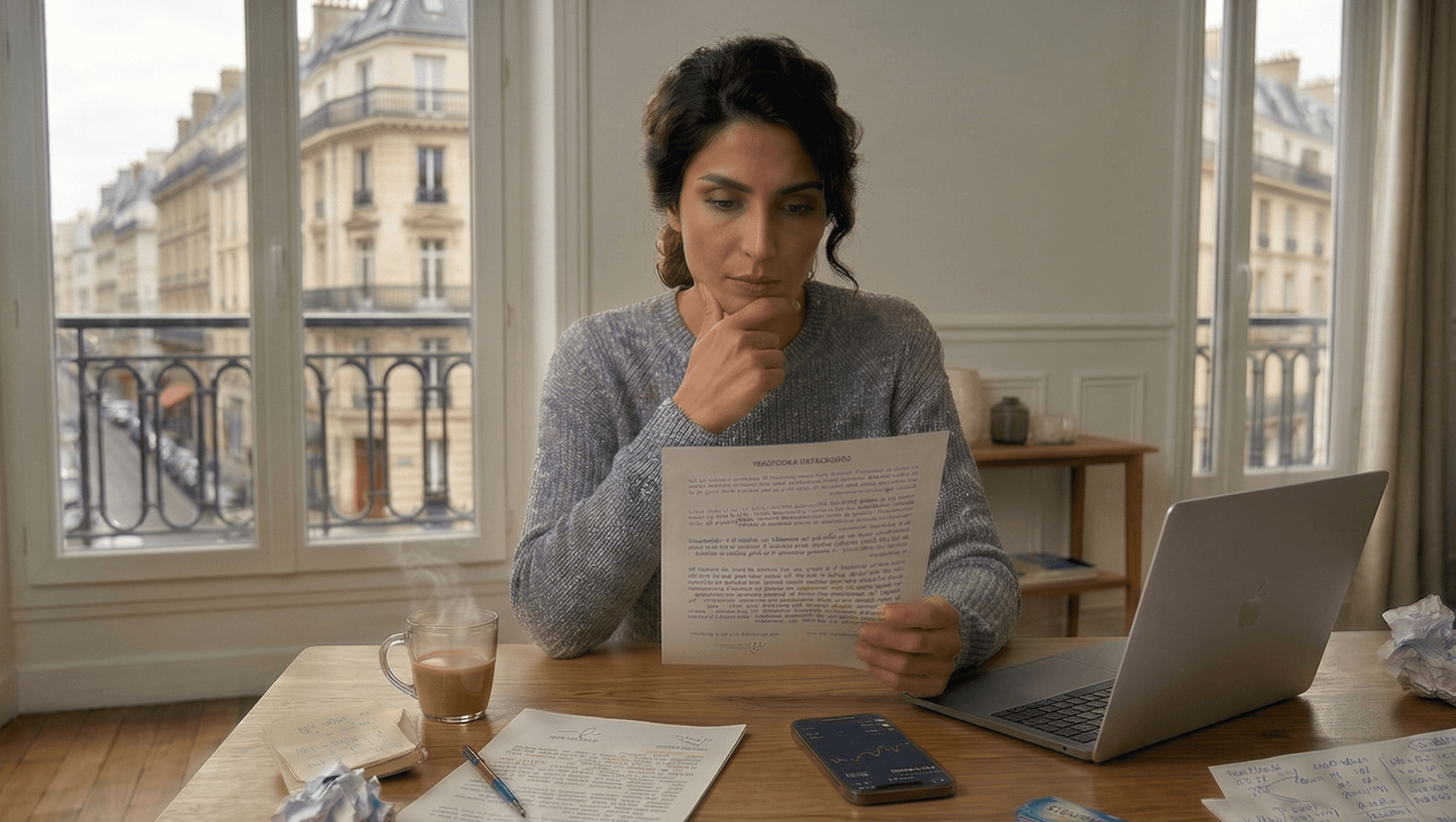 Une investisseure analyse les documents de son projet immobilier, smartphone et portefeuille crypto sur la table