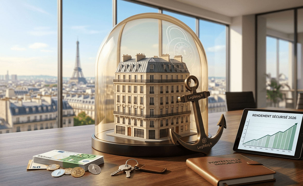 Un immeuble haussmannien protégé sous un cadenas en verre et à côté d'une ancre, entouré de clés, d'euros et de cryptomonnaies, ainsi que d'une tablette affichant les plus-values ​​immobilières au fil des ans, se détachant sur un magnifique panorama parisien.