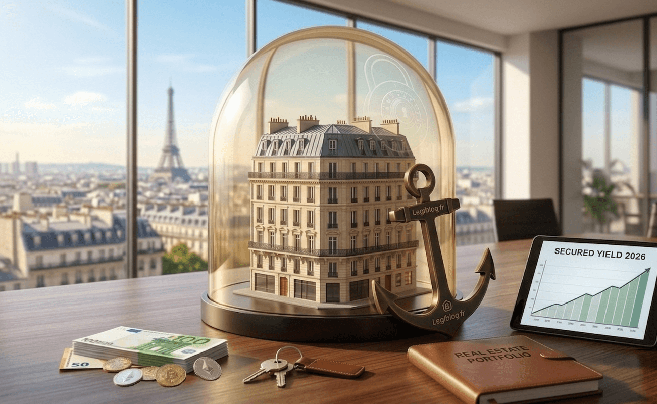 An hausmannian building protected under a glass lock and next to an anchor, surrounded with keys, euros and crypto coins and a tablet showing real estate profit over years, in front of a beautiful paris skyline