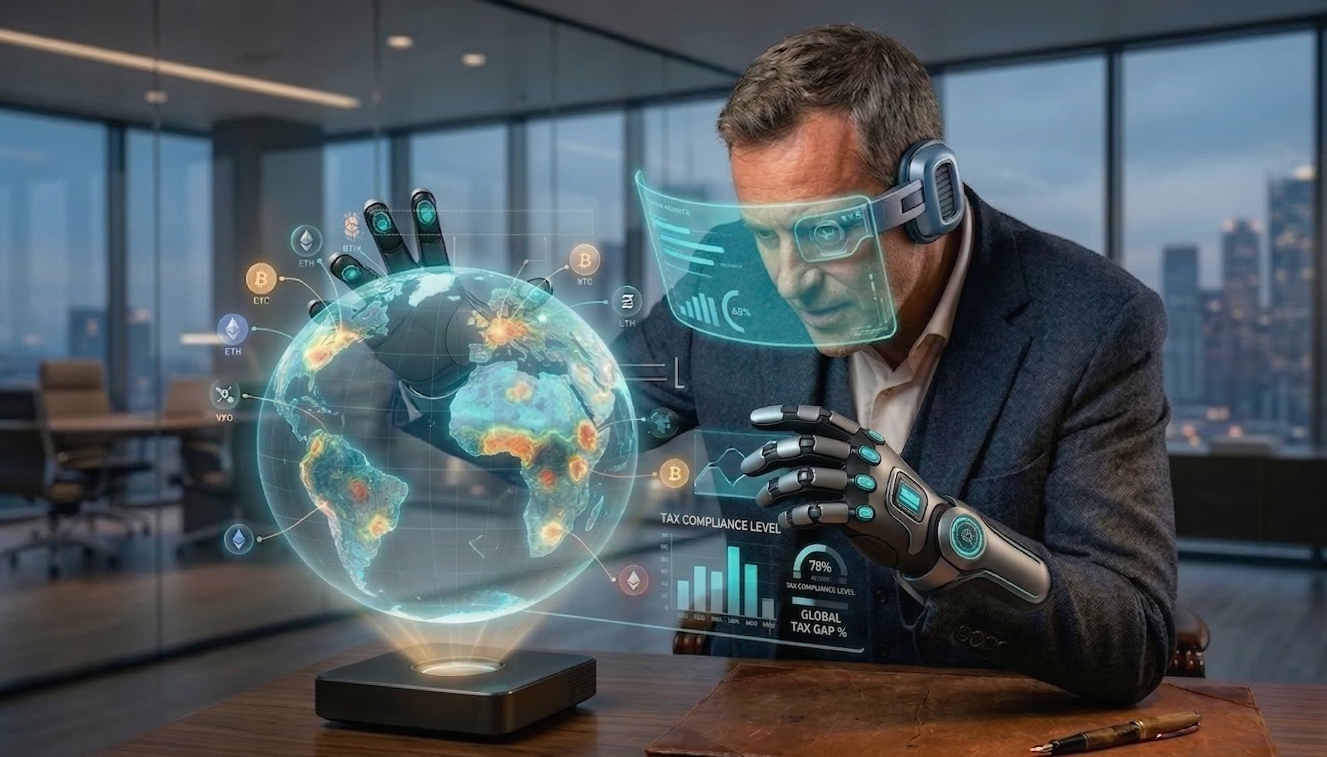 A tax inspector equipped with advanced haptic gloves and a high-tech scouter monocle analyzes a holographic globe to track crypto flows.