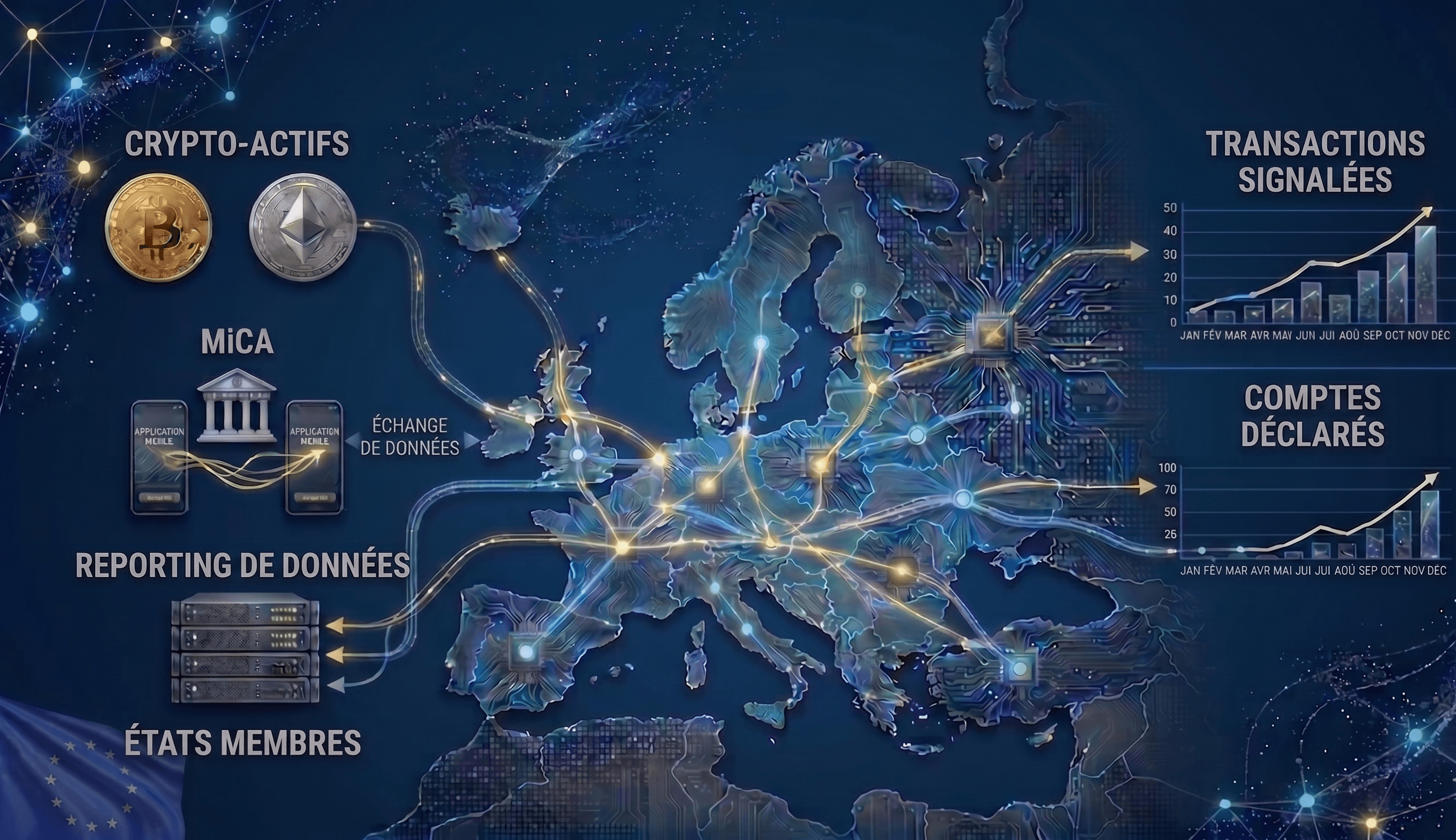 Une infographie illustrant DAC8, une directive européenne sur la fiscalité des cryptos.